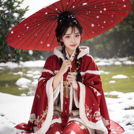 03879-2695454366-1 girl, sitting, (holding umbrella_1.1), Hanfu, (Winter hanfu), cloak, (raining, snow, winter outdoors_1.2),.png